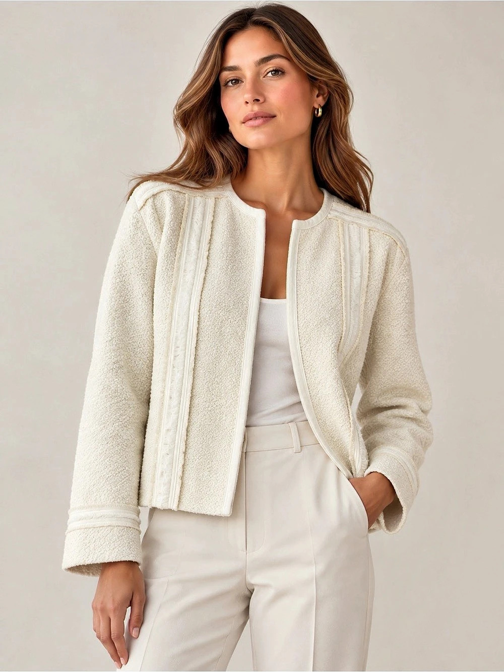 Vince Womens Boucle Ribbon Trim Jacket Size 6 Ivory Collarless Quiet Luxury